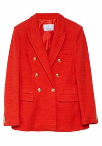 Blazer rouge croisé en tissu texturé, avec des revers en pointe, deux poches avant et des boutons dorés. Intérieur doublé dans une couleur contrastante.
