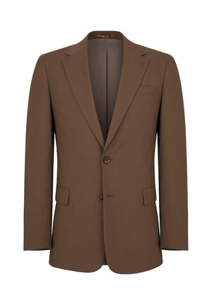 Brązowa marynarka z klapami, zapinana na jeden guzik, z dwoma przednimi kieszeniami. Wykonana z gładkiego, dopasowanego materiału w klasycznym kroju.