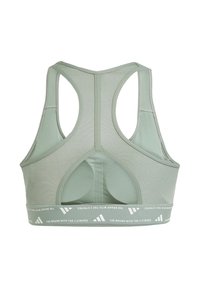 Reggiseno sportivo verde chiaro con design a schiena racer, materiale a rete e una fascia elasticizzata con logo e scritte bianche.