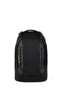 Black backpack with checkered gray side panels, neon yellow "Satch" logo, multiple zippered compartments, and a padded handle on top.