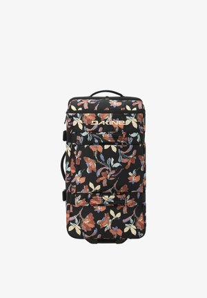 Schwarzer Rollkoffer mit rotem, beigem und blauem Blumenmuster und Dakine-Markenname auf der Vordertasche, mit mehreren Griffen und Riemen.