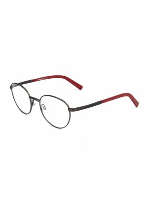 Occhiali rotondi sottili in metallo con aste nere e rosse, naselli trasparenti, mostrati inclinati su sfondo bianco.