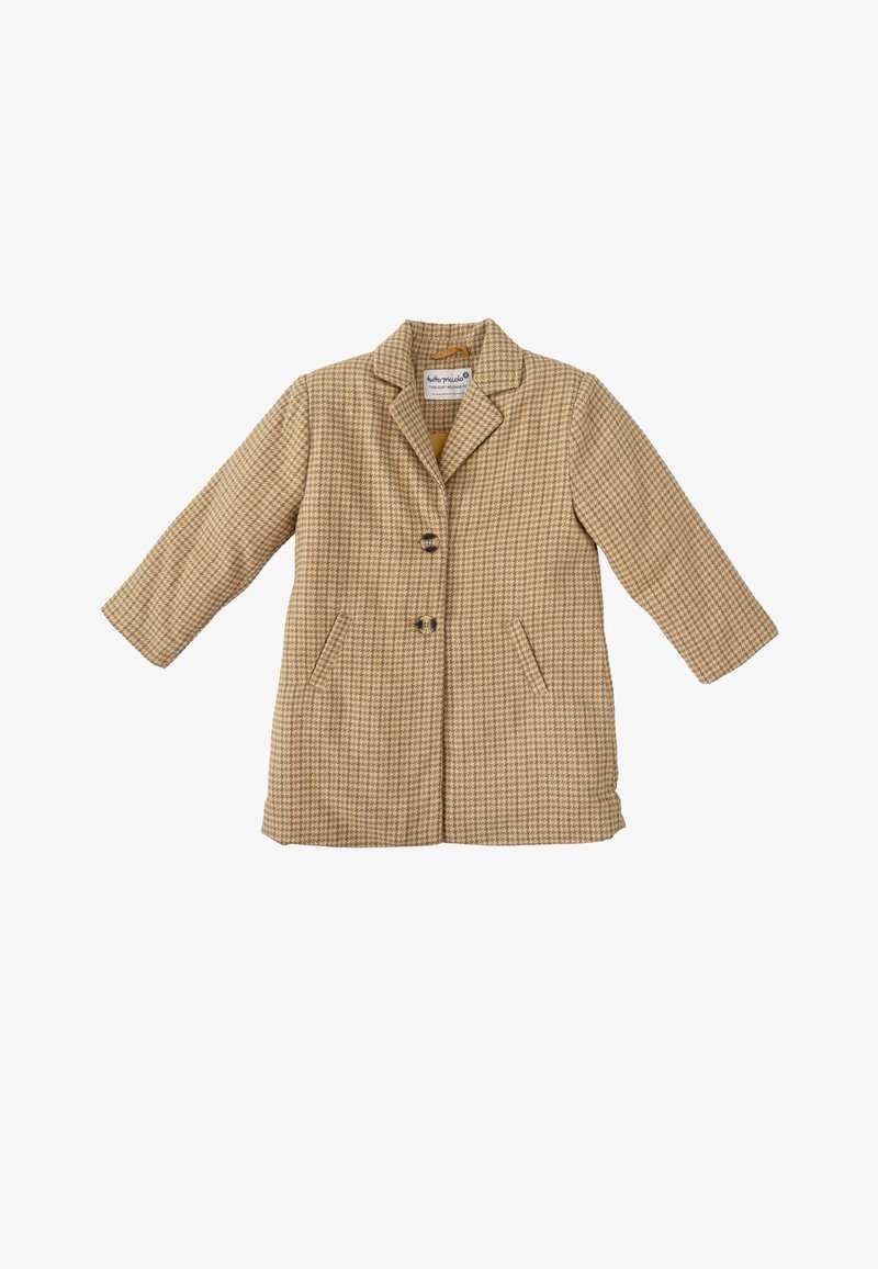 Manteau à motif pied-de-poule beige et marron avec revers cranté, deux boutons et deux poches à fente avant, exhibé à plat sur fond blanc.