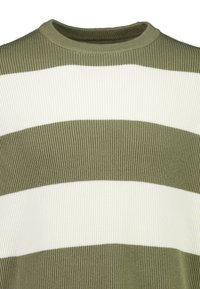 Zielono-biały sweter w paski o prążkowanej fakturze, z okrągłym dekoltem. Paski mają różną szerokość, z wyraźnym kontrastem kolorystycznym.