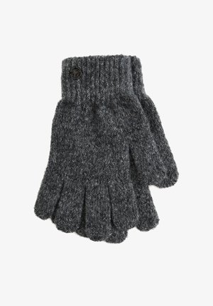 Gants tricotés dans une teinte gris foncé, avec un poignet côtelé et un motif texturé. Comprend un accent de logo noir circulaire.