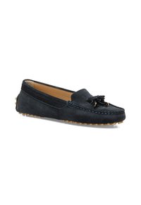 Mocassins en suede bleu marine avec un accent à frange, des coutures contrastées et une semelle en caoutchouc pour plus d'adhérence. Design classique à enfiler.