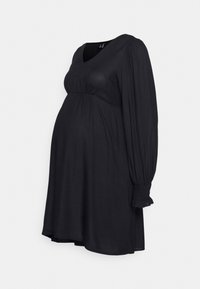 Vestido de maternidad negro con mangas largas y fruncidas, y escote en V. Tejido suave y ligero con una cintura ajustada para un ajuste relajado.
