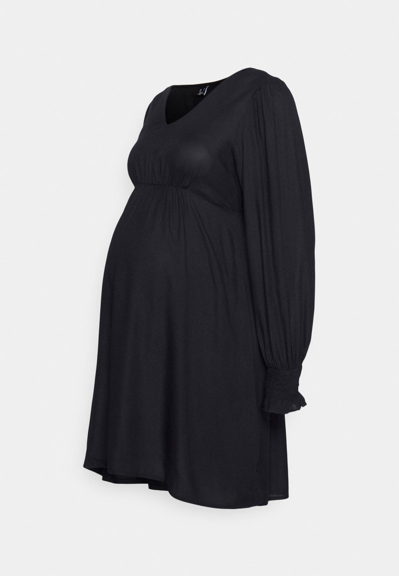 Vestido de maternidad negro con mangas largas y fruncidas, y escote en V. Tejido suave y ligero con una cintura ajustada para un ajuste relajado.