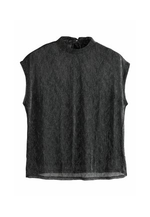 Mustmust must-shirt kõrge kaelusega, millel on tekstuuriga, veidi läbipaistev kangas. Lihtne disain, millel puuduvad nähtavad riistvarad või aksessuaarid.