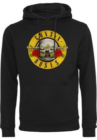 Sweat à capuche noir avec le logo de Guns N' Roses comprenant un cercle jaune, du fil barbelé, deux roses rouges et un cylindre de revolver métallique au centre.