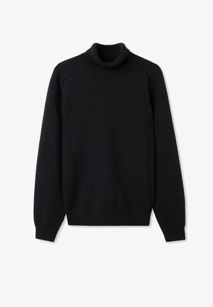 Dark knitted turtleneck sweater featuring a ribbed collar, cuffs, and hem. Simple design with long sleeves and no visible patterns or accents.