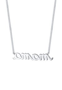 Sølv halskæde med et bølget navneskilt design med ordet "mam." Kæden er sammenkoblet og delikat, hvilket fremhæver en slank metallisk finish.