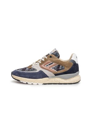 Bunt gestreifte Sneaker aus einer Mischung von Wildleder- und Netzmaterialien, mit auffälligen beige Akzenten, strukturierten Überzügen und einer gesprenkelten Sohle.