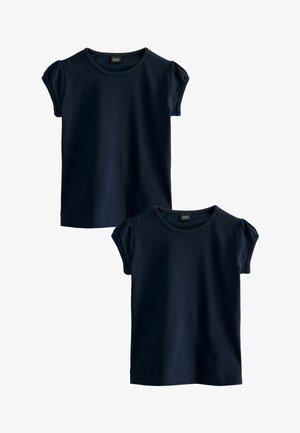 Camisetas de algodón azul marino con mangas cortas abullonadas y cuello redondo. Se exhiben dos camisetas, que presentan una textura suave y un ajuste clásico.