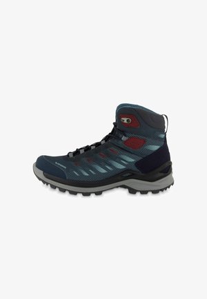 High-top hiking boots with a mesh and synthetic upper in blue and gray, featuring a textured pattern, red accents, and rugged outsole.