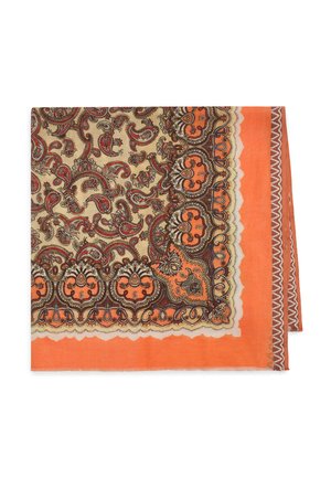 Folded square scarf with orange border and intricate paisley and floral patterns in brown, beige, and red tones.