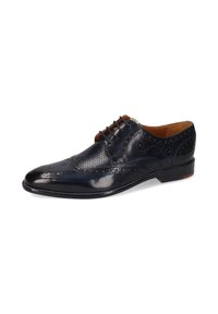 Scarpa da uomo in pelle blu scuro con motivo perforato, punta arrotondata, lacci e tacco basso impilato, caratterizzata da una finitura liscia e lucida.