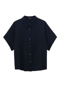Camicia azzurro navy a maniche corte realizzata in tessuto morbido, caratterizzata da un colletto a punta e chiusura frontale con bottoni in argento.