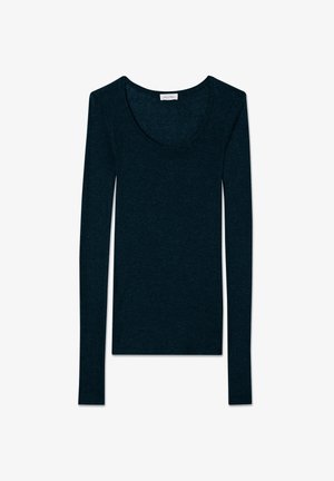 Dark blue long-sleeve fitted shirt with a scoop neckline, displayed flat against a white background.