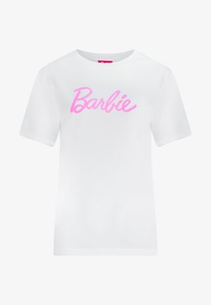 T-shirt bianco in cotone con logo "Barbie" rosa in corsivo sul fronte. Maniche corte e colletto a girocollo con una vestibilità comoda.