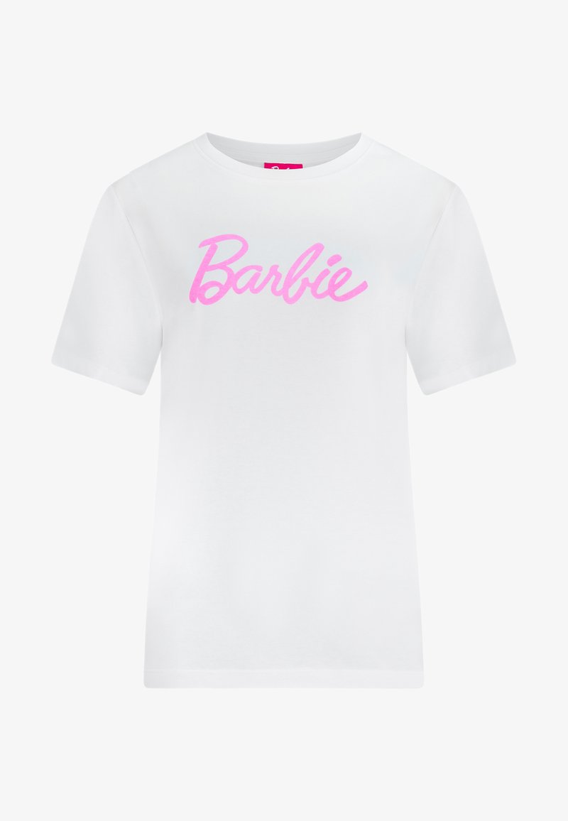 Witte katoen t-shirt met een roze cursieve "Barbie"-logo op de voorkant. Korte mouwen en een ronde halslijn met een relaxte pasvorm.