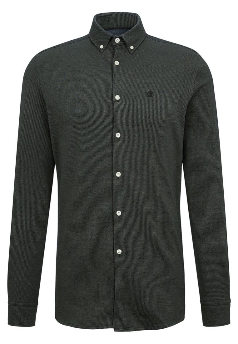 Camisa abotonada de color verde oscuro con mangas largas, que presenta una tela texturizada, un cuello con puntas y botones blancos en la parte frontal.
