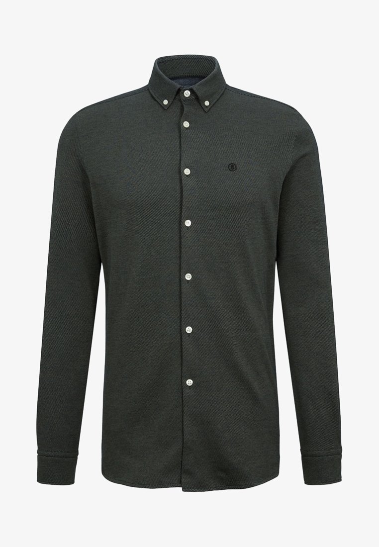 Mörkgrön knäppt skjorta med långa ärmar, med en texturerad tyg, en spetsig krage och vita knappar längs framtill.