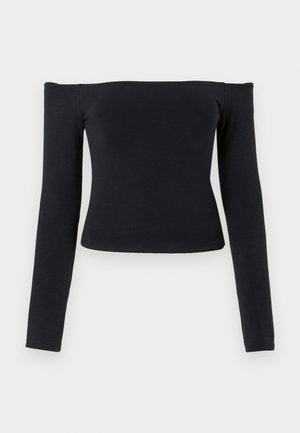Black, off-the-shoulder long-sleeve top made from stretchy, solid fabric with a fitted silhouette and straight hem. No patterns or accents.