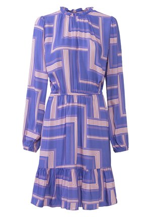 Robe longue violette à manches longues avec motif rayé géométrique rose clair, col haut à volants, taille élastique et ourlet à volants.