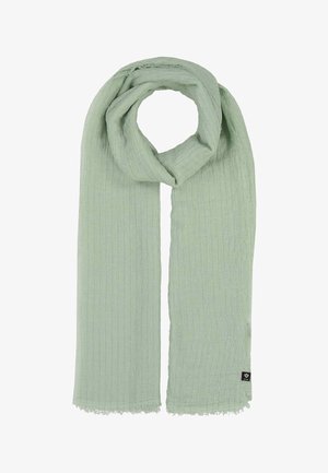 Hellgrüner, gerippter Schal mit dezenten Fransen an den Enden und einem kleinen schwarzen Stoffetikett an einem Ende, auf weißem Hintergrund in Schlaufe gelegt.