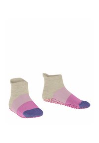 Jasno beżowe skarpetki sięgające kostek z różowymi i fioletowymi sekcjami; gumowe kropki antypoślizgowe na podeszwach dla lepszej przyczepności i bezpieczeństwa.