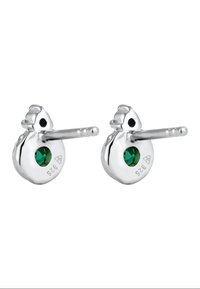 Øreringe i sølvmetal formet som ænder med en grøn krystaldekoration og en glat, poleret overflade. Stemplet med “925.”