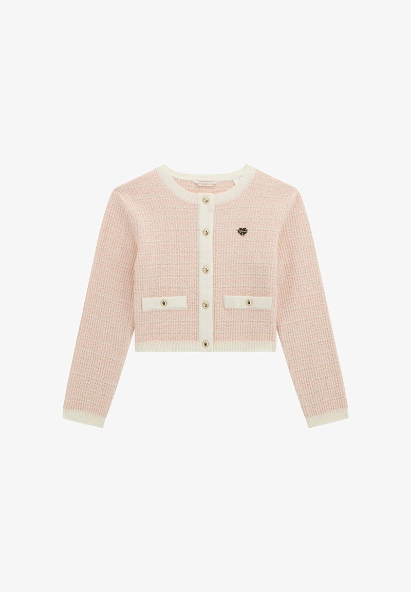 Rosa tweedkofta med rund halsringning, vita knappar och två framfickor. Har ett litet hjärtemblem på bröstet. Texturerad stickning.