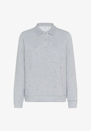 Szary sweatshirt z kołnierzykiem polo, ozdobiony metalowymi ćwiekami w rozproszonym wzorze, z długimi rękawami i żeberkowym wykończeniem.
