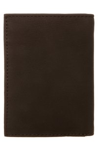 Brown leather wallet with a smooth texture, rectangular shape, and visible stitching along the edges. Simple, minimal design.