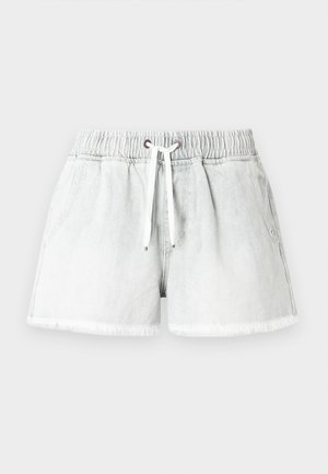 Lysegrå denimshorts med elastisk midjebånd, snøring og frynset kant. Har to sidelommer og en avslappet passform.