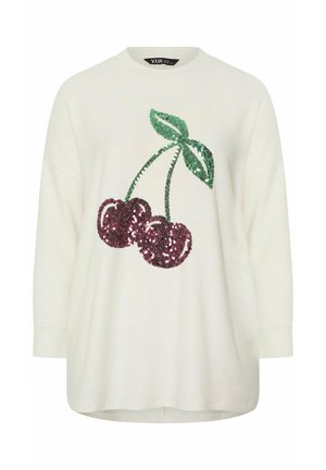Maglione bianco a maniche lunghe con foglie verdi di paillettes e due grandi ciliegie rosse di paillettes sulla parte anteriore.