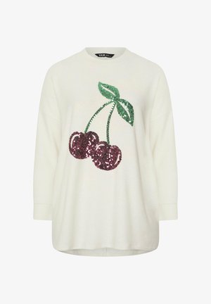 Hvid langærmet sweater med grønne, pailletbesatte blade og to store røde, pailletbesatte kirsebær på fronten.