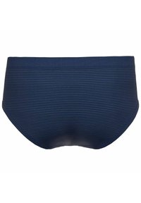 Bañador de color azul marino con rayas horizontales, que presenta una textura suave y un diseño ajustado, mostrando un corte clásico y una cinturilla elástica.