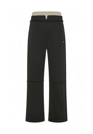 Schwarze Jogginghose mit beigem elastischem Bund, entspannter Passform, abgesteppten Details am Knie und kleinem seitlichem Logo.