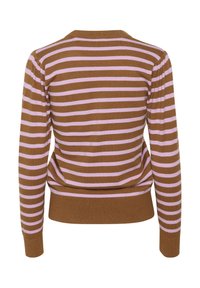 Gestreifter Strickpullover in Braun und Lavendel mit langen Ärmeln, geripptem Saum und Rundhalsausschnitt; weiche Textur und lässige Passform.