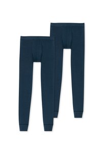 Marinblå långkalsonger tillverkade av mjuk bomull, med elastisk midja, förstärkt sömnad och en funktionell fickdesign.