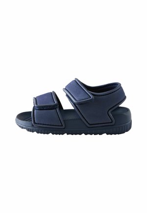 Blue adjustable sandal with two wide hook-and-loop straps and a cushioned sole, designed for comfort and easy wear.