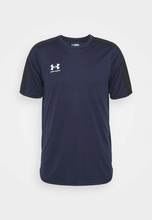 Marineblaues Sport-T-Shirt mit schwarzen Schulterstreifen und weißem Under Armour-Logo auf der linken Brust, kurze Ärmel, Rundhalsausschnitt.