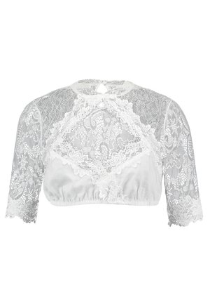 Witte kanten cropped blouse met bloemmotieven, driekwart mouwen, open rug met sleutelgat en gegolfde randen op een effen achtergrond.