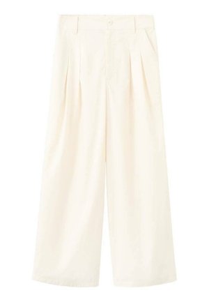 Kremowe spodnie o szerokich nogawkach z plisami, zapinanym na guziki pasem i bocznymi kieszeniami. Wykonane z gładkiej tkaniny, zapewniają luźny krój i czyste linie.