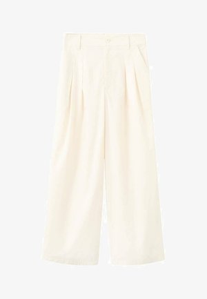 Kremowe spodnie o szerokich nogawkach z plisami, zapinanym na guziki pasem i bocznymi kieszeniami. Wykonane z gładkiej tkaniny, zapewniają luźny krój i czyste linie.