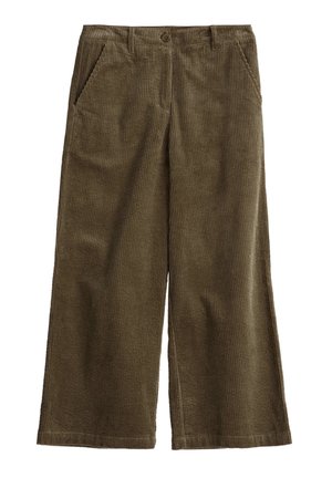 Brede fluwelen broek in olijfgroen. Heeft een verticale ribbelstructuur, twee voorkeuken en een knoopsluiting. Zachte stof.