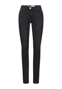 Jeans skinny de mezclilla negra con una textura suave, que presentan un diseño clásico de cinco bolsillos y un cierre de botón plateado en la cintura.