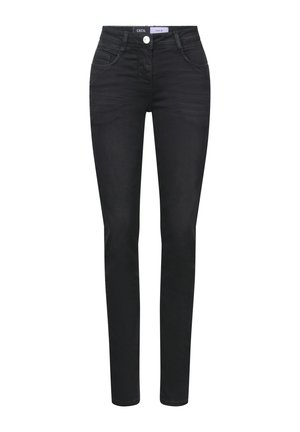 Jeans skinny neri in denim con una texture liscia, caratterizzati da un classico design a cinque tasche e da una chiusura con bottone in argento in vita.
